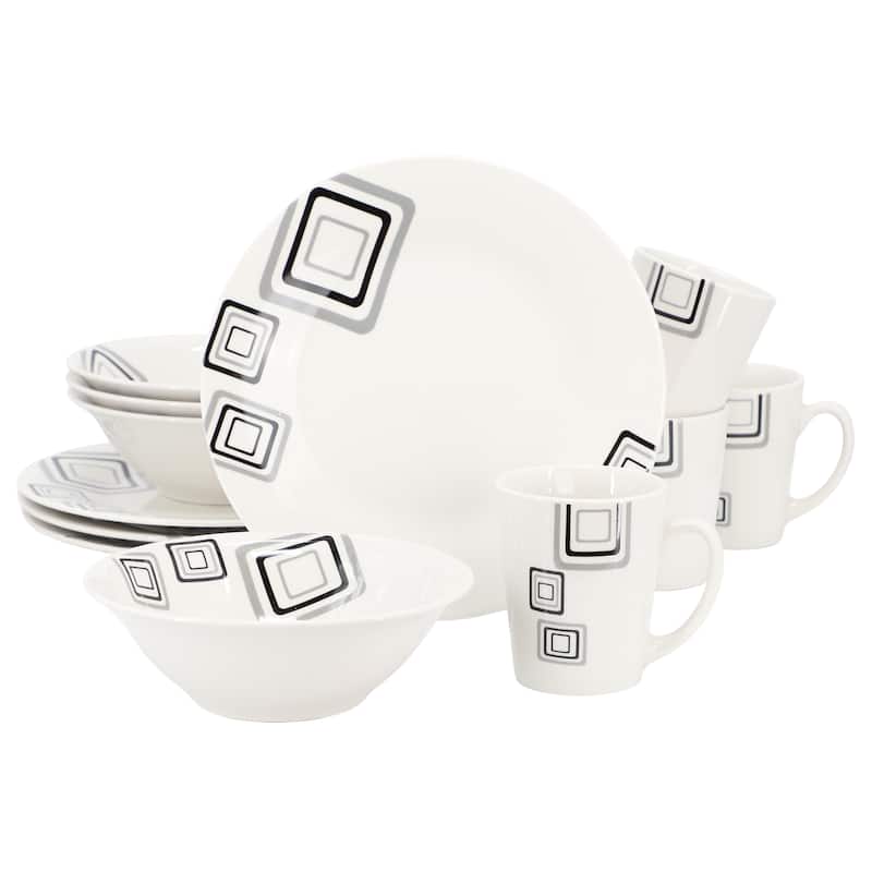 Gibson Home Black Squares 12 Piece Round Fine Ceramic Dinnerware Set in White