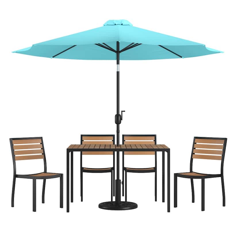 Faux Teak Patio Table, 4 Chairs & 9FT Patio Umbrella with Base