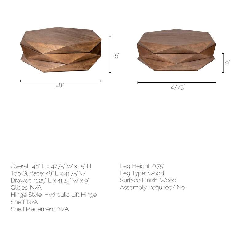 Arreto Medium Brown Solid Wood Hexagonal Coffee Table w/ Storage - 48.0L x 48.0W x 15.0H