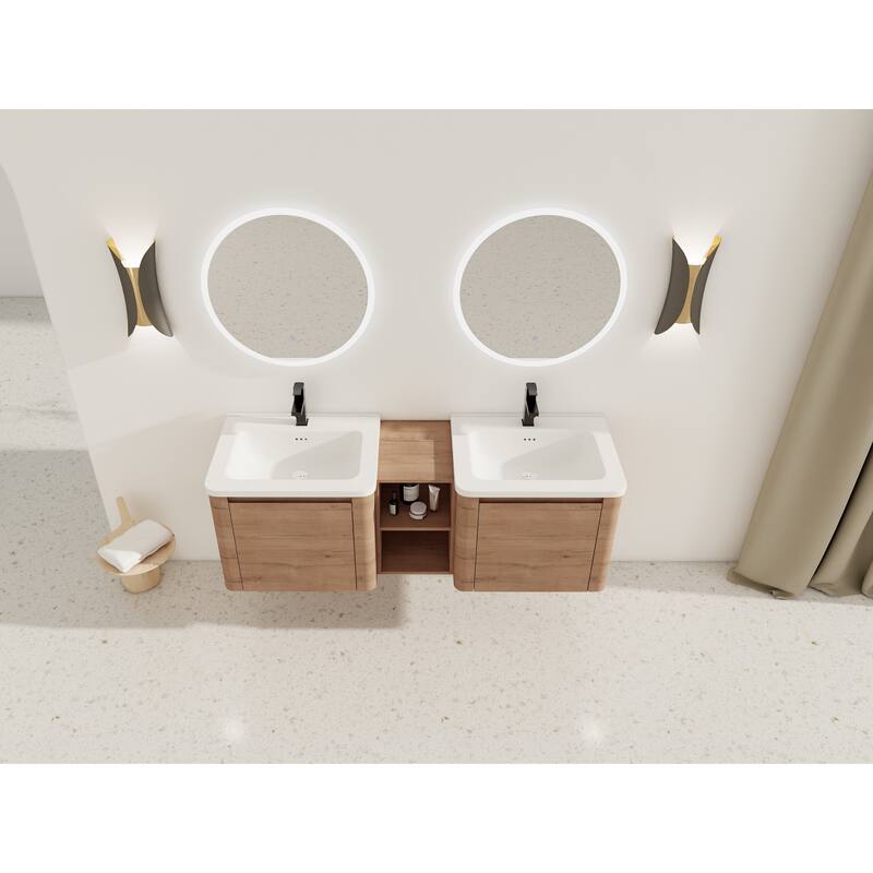 Wall-Mounted Bathroom Vanity with Ceramic Sink and Storage Shelves