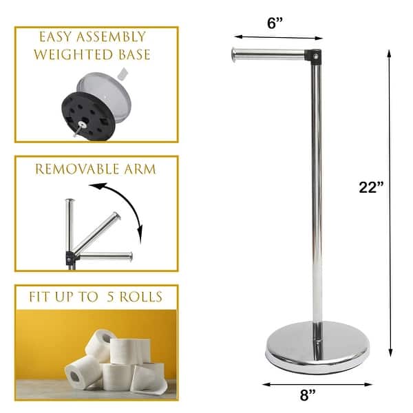 dimension image slide 0 of 4, Sleek Toilet Paper Holder with Folding Arm and Reserve Compact Freestanding Metal Holder - Diameter 8 inches X 22" H