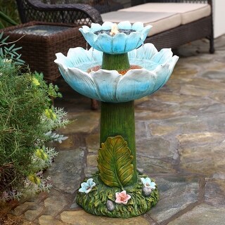Solar Powered Blue Flower 2-Tier Resin Birdbath Fountain with Lights