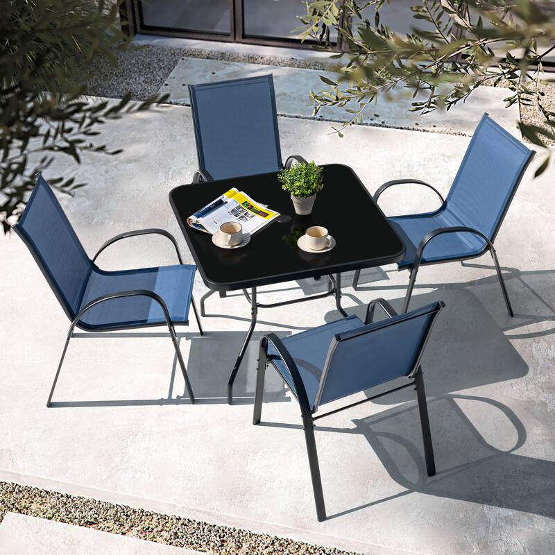5-Piece Outdoor Dining Set, Textilene Stackable Chairs and Umbrella Hole