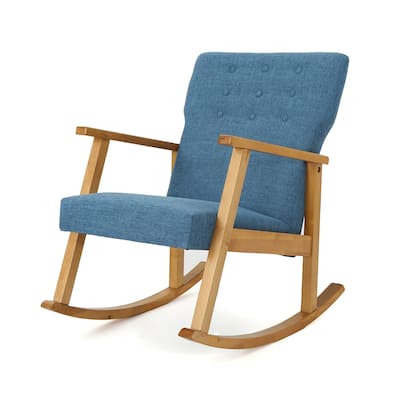 Maze Rocking Chair, Mid-Century Brown Rubberwood, Tufted Blue Fabric