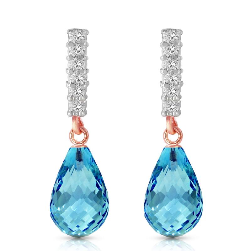 14K Solid Gold Diamond & Blue Topaz Genuine Gemstone Earrings