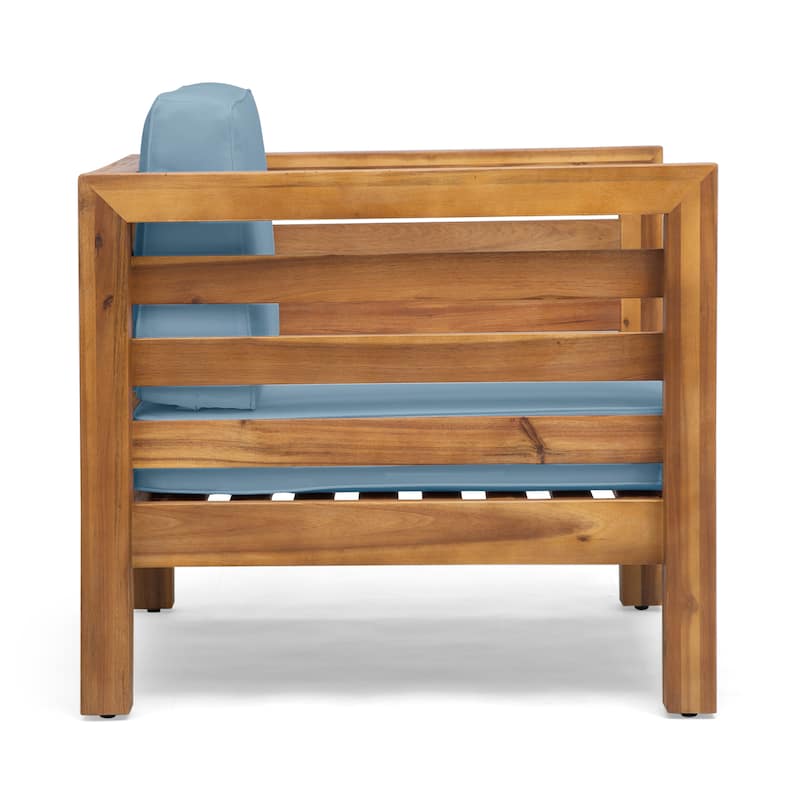Oana Club Chair Pecan Blue Acacia Wood Mid Century Modern Outdoor Patio Furniture Set of 2