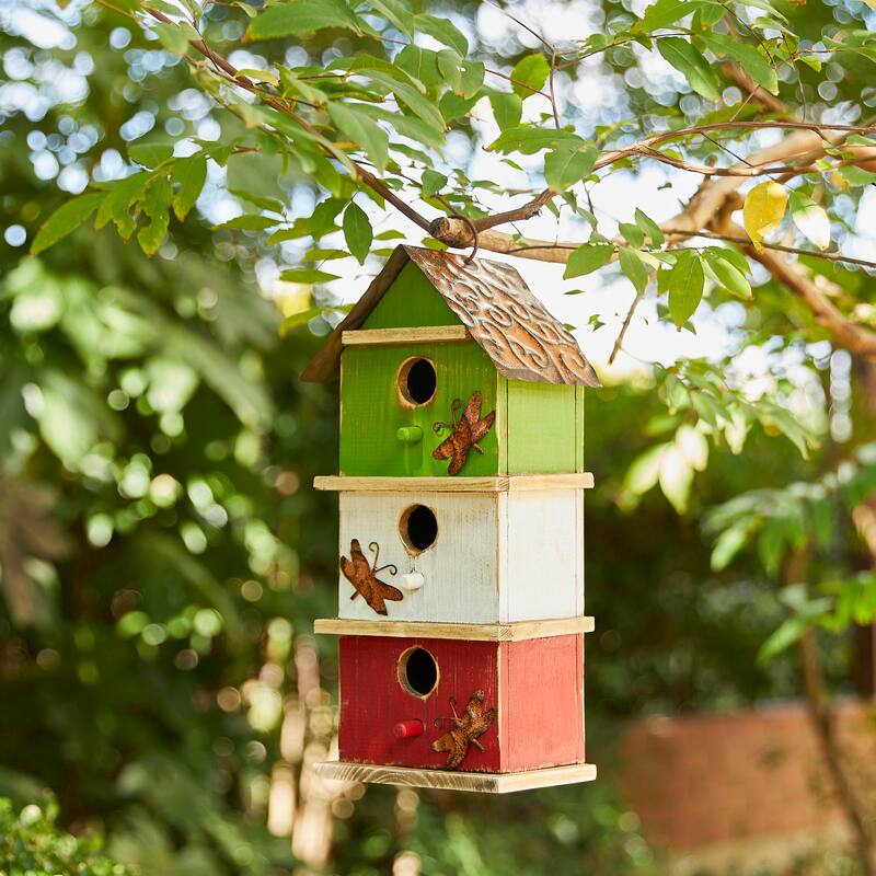 Glitzhome 13.75"H Multicolored 3-Tiered Distressed Solid Wood Birdhouse - 13.75"
