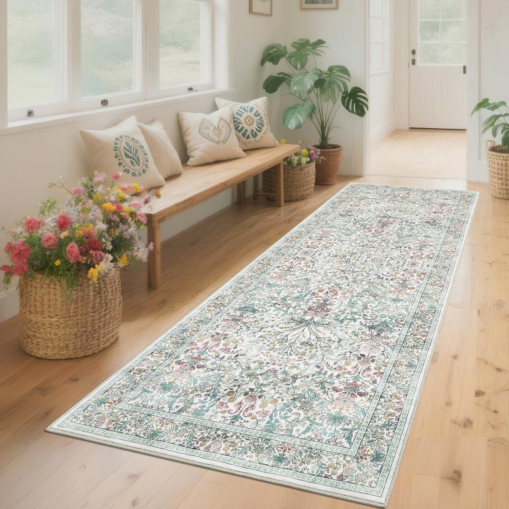 Area Rug Soft Washable Floral Print Rugs for Living Room Bedroom Non Slip Low Pile Botanical Accent Rug