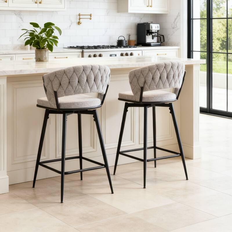 Set of 2 swivel bar stools with breathable cotton and linen soft cushions, electroplated metal frames without rust