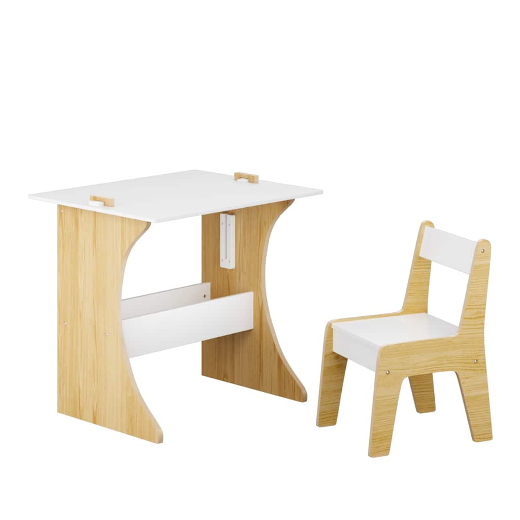 Kids Table Set (1 Chair), Multifunctional Solid Wood Desk - Convertible Top for Learn/Draw/Play, Natural Wood - 22*23*19