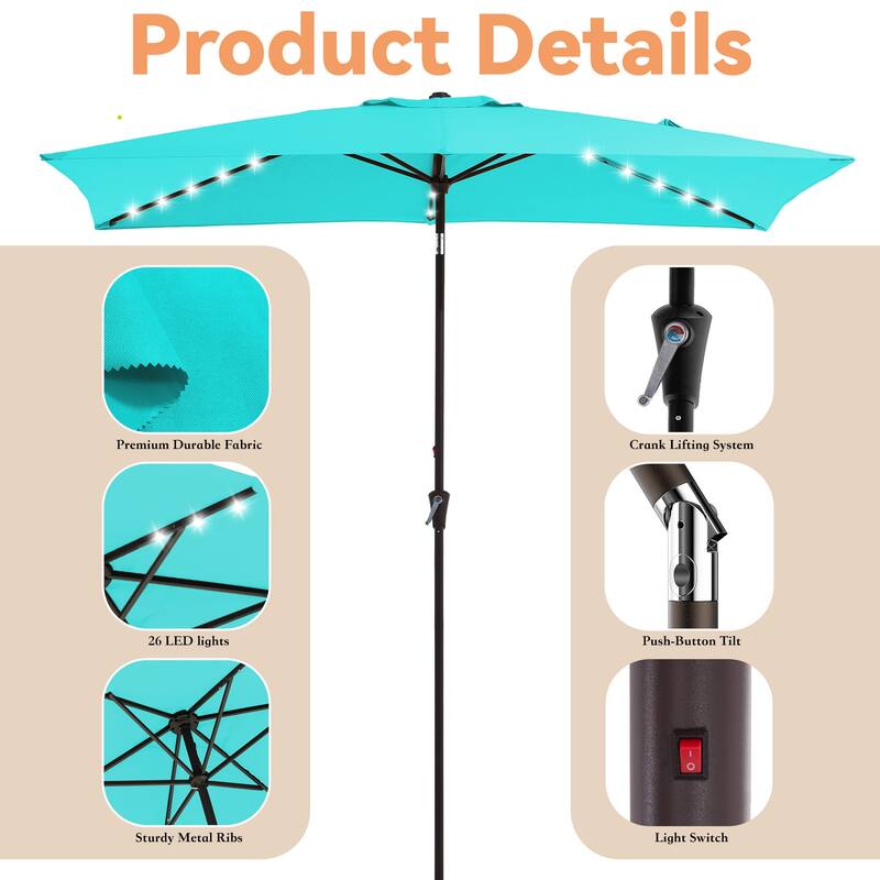 6.5*10ft Rectangular Patio Market Umbrella with LED Lights,Crank & Tilt