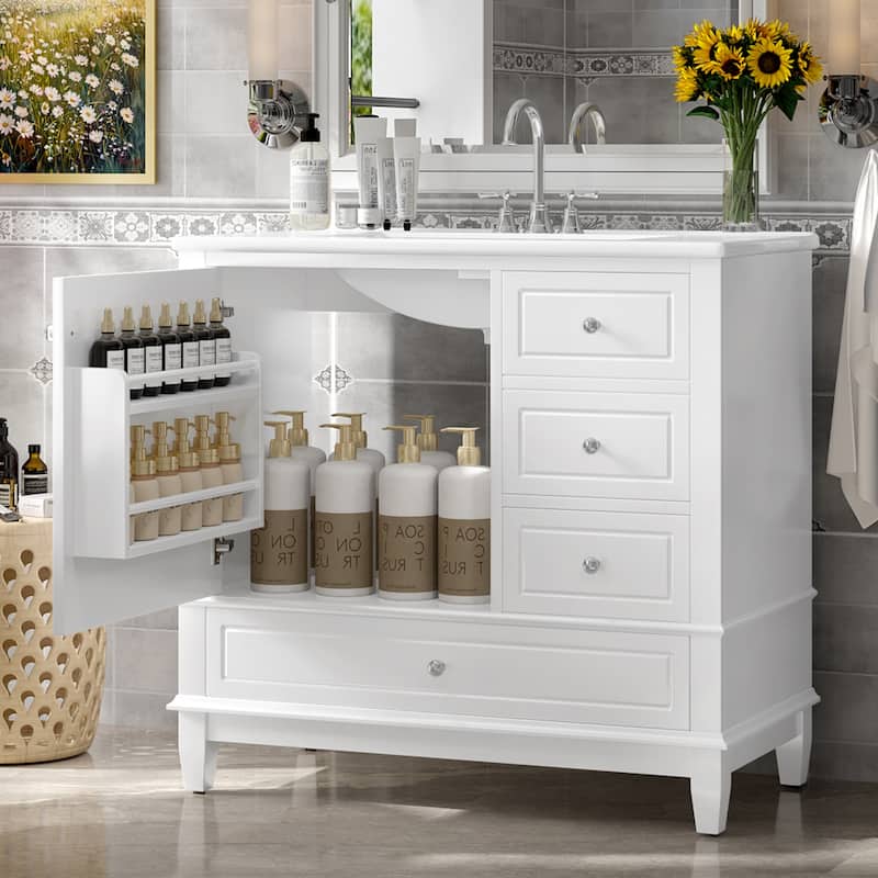 36" Bathroom Vanity with Ceramic Sink - MDF & Solid Wood Base, 3 Drawers & Storage Cabinet, Freestanding Design, 4" Faucet Holes
