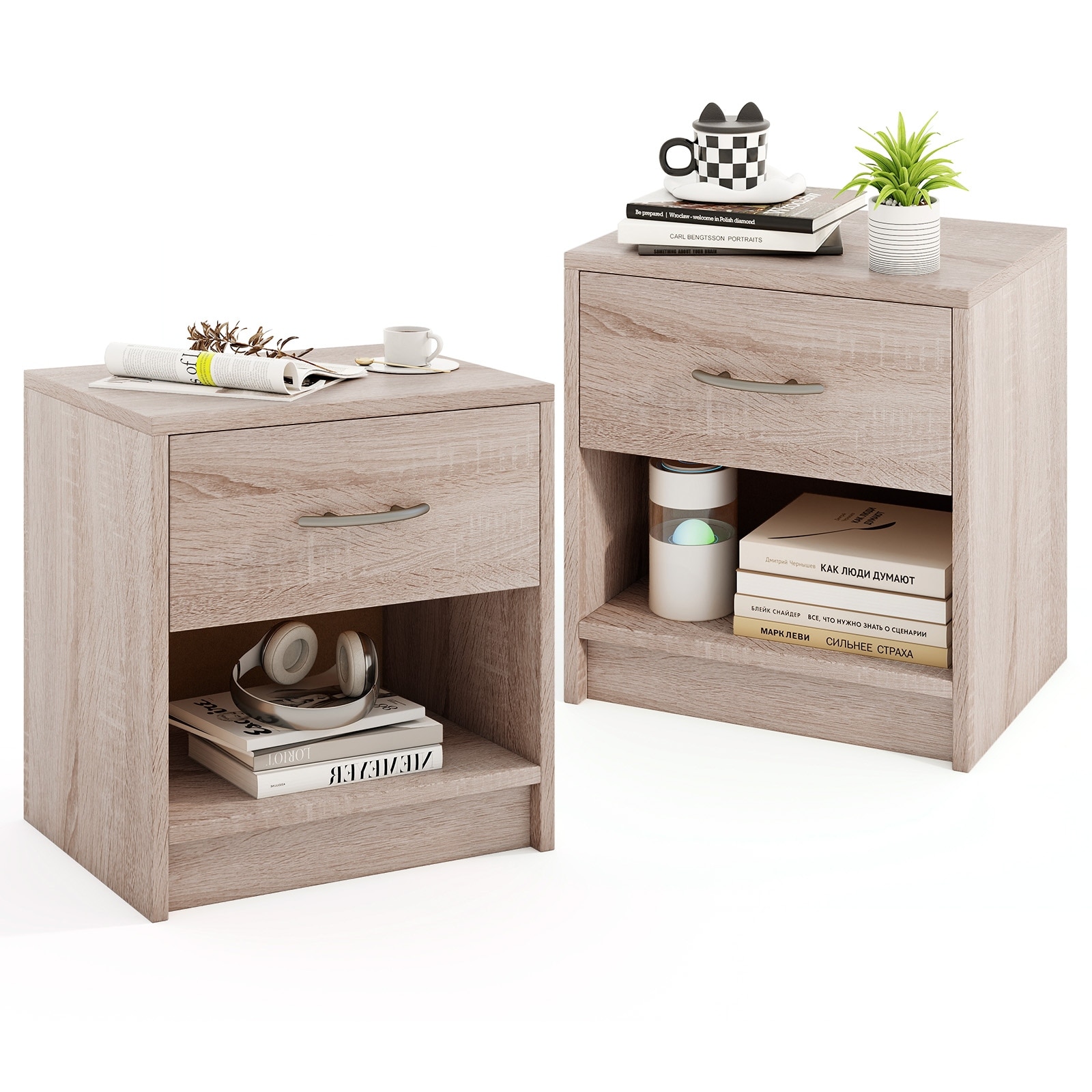 Gymax 2 PCS Nightstand w/ Drawer Side Table w/ Slide-out Drawer Open