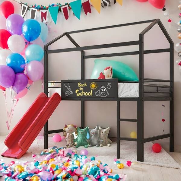 slide 2 of 9, Twin Size House Bed Loft Bed With Slide and Two-sided Writable Board for Home Black+Red