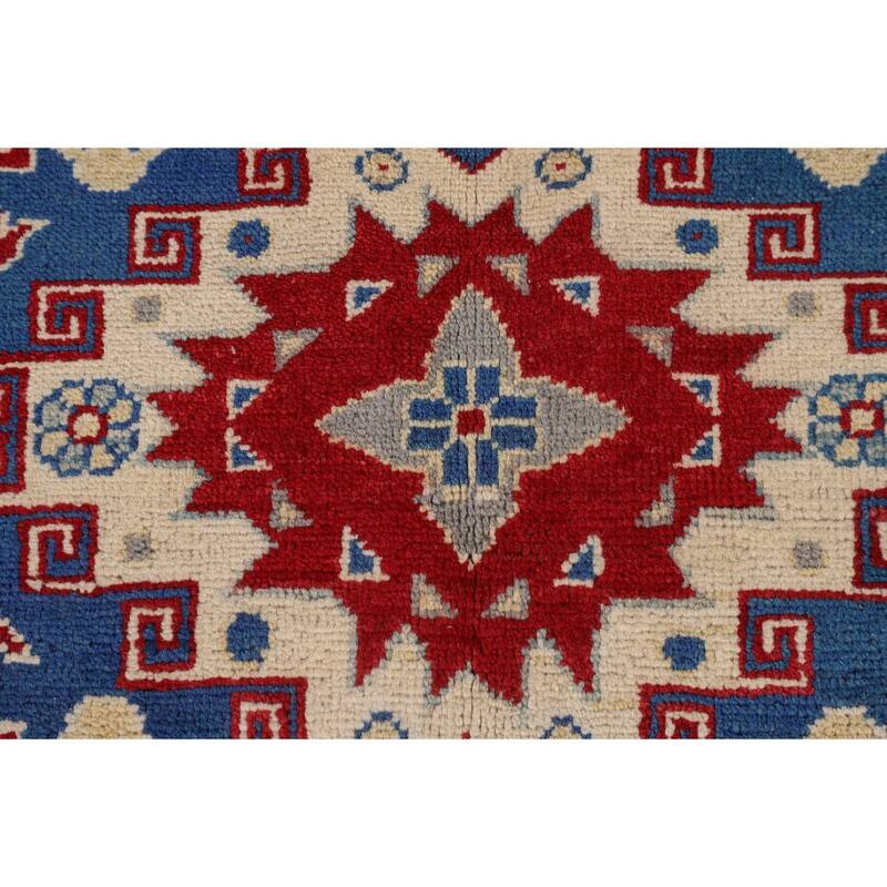 Red Geometric Kazak Rug Hand-Knotted Living Room Wool Carpet - 6'9" x 9'6"