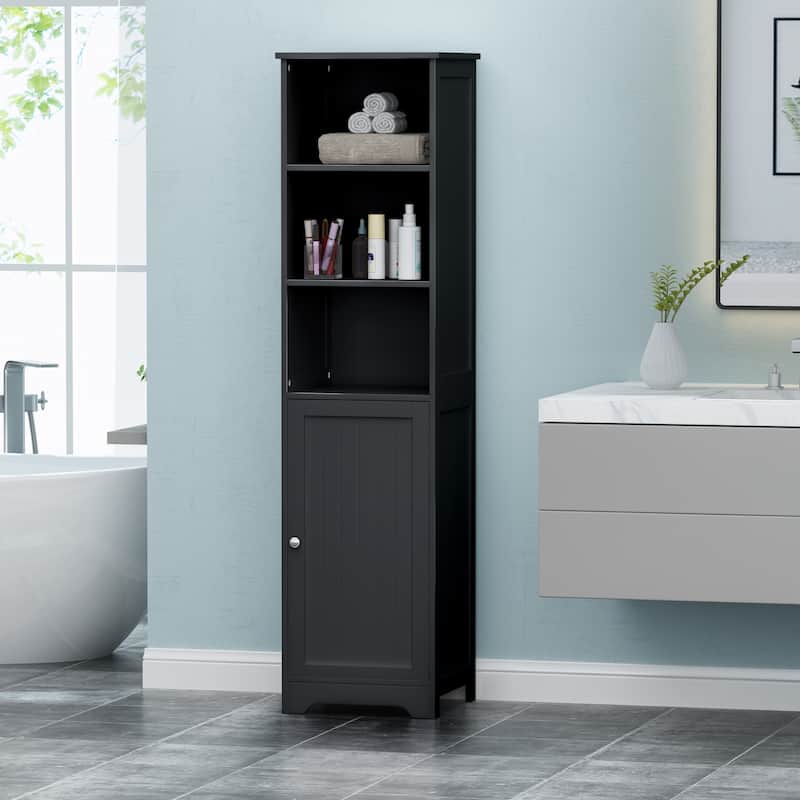 Roomfitters Tall Bathroom Storage Cabinet with Open Shelves and Single Door, Freestanding Organizer