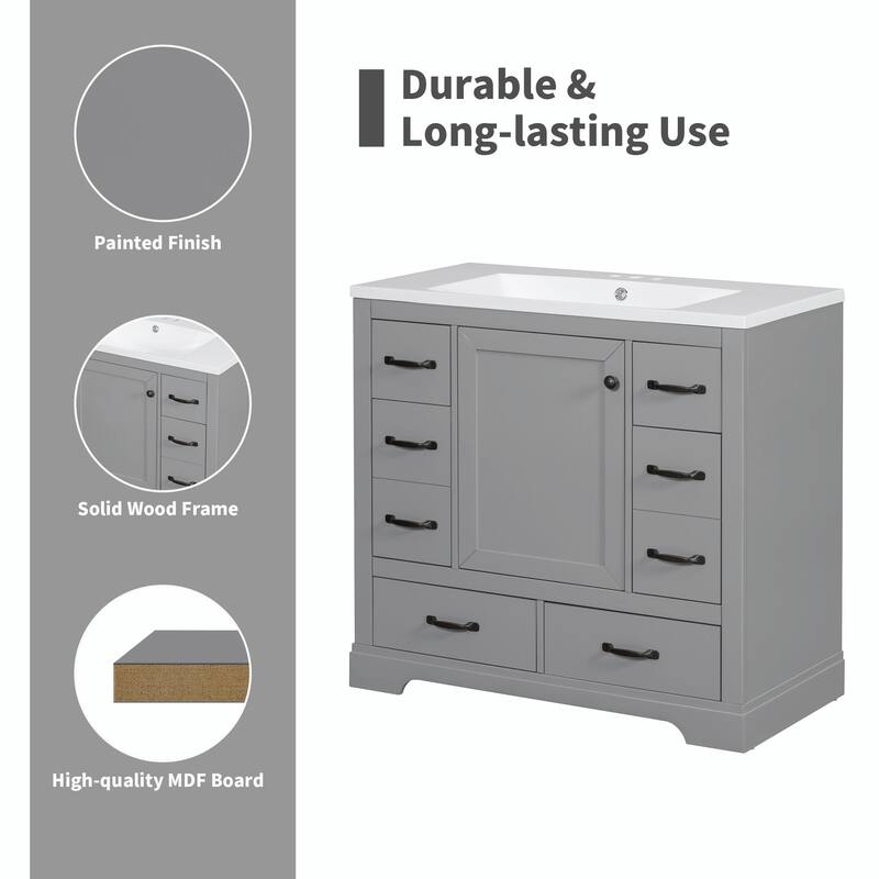 36" Bathroom Vanity with Sink Combo: Six Drawers, Multi-Functional Divider, Adjustable Shelf
