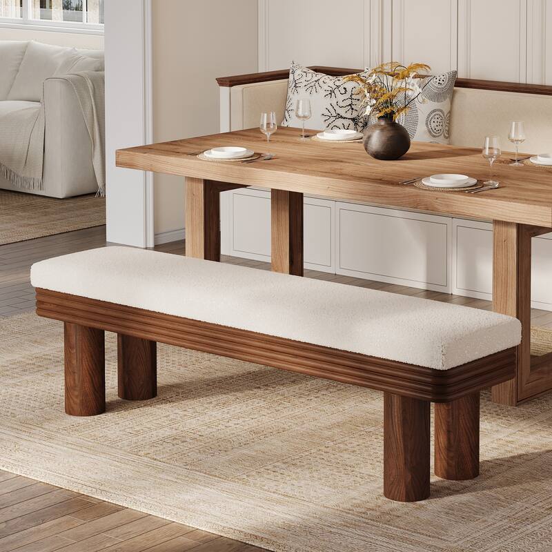 Upholstered Dining Bench, Faux Shearling Padded Seat Kitchen Accent Stool for Dining Room Living Room