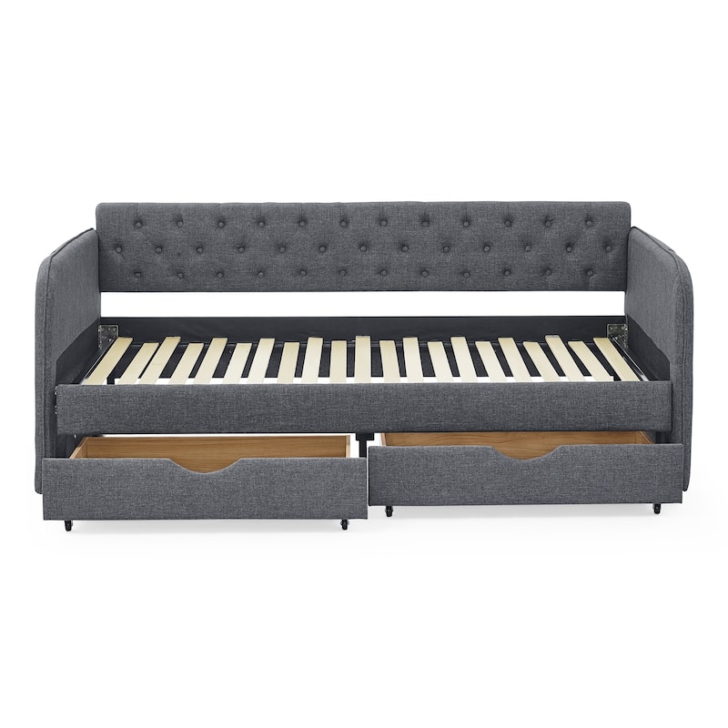 Roomfitters Twin Upholstered Daybed with Trundle, Underbed Storage and Flat Arms with Side Pocket, Extendable Design