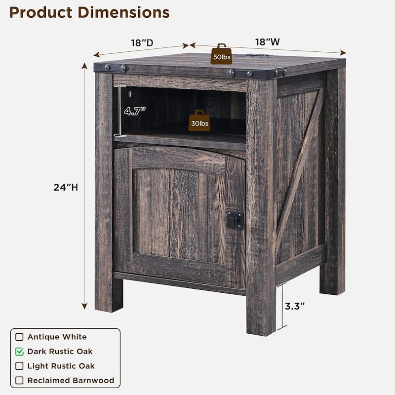 Farmhouse Nightstand with Charging Station, Wood End Table, Side Table