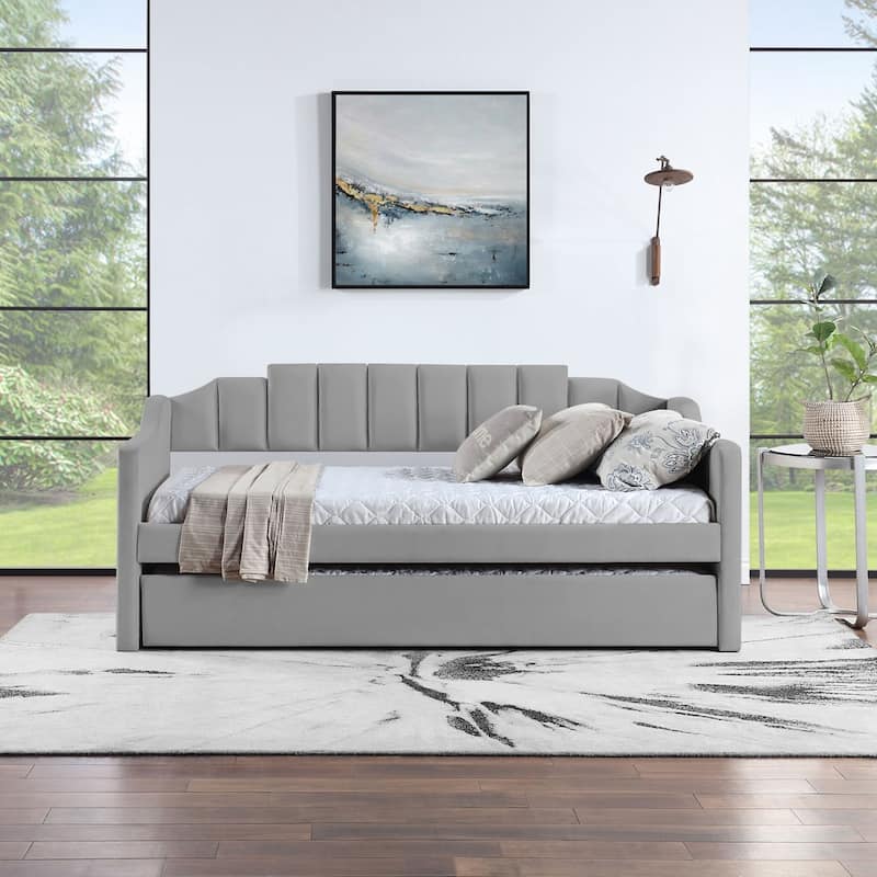 Grey Twin Size Upholstered Velvet Tufted Daybed with Trundle