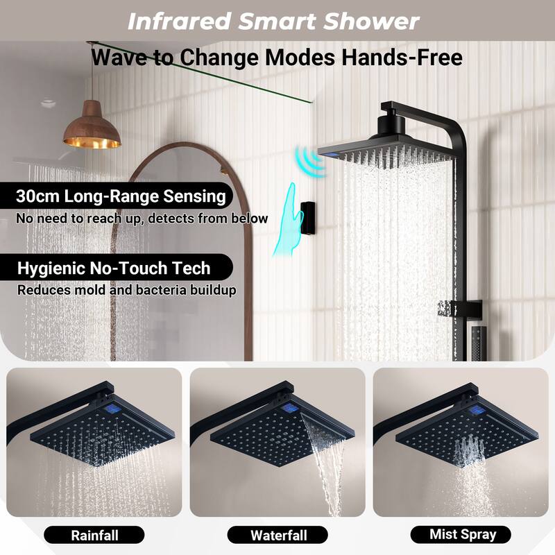 5-Spray Wall Mount Dual Fixed and Handheld Shower Head with Slide Bar, Infrared Sensing, and LED Display in Matte Black