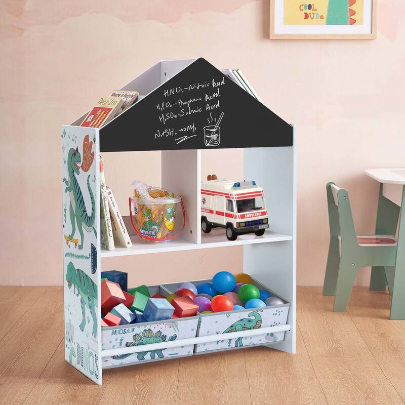 Children's Multi-Functional House Bookcase Toy Storage Bin Floor Cabinet with Blackboard
