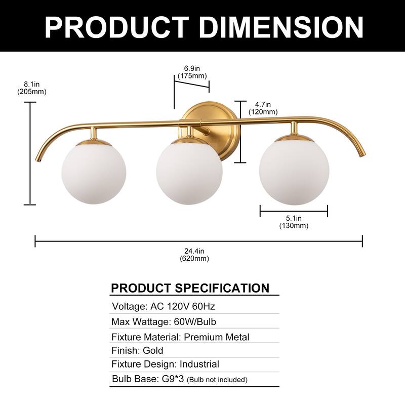 YANSUN 24.4 in. 3-Light Gold Industrial Vanity Lighting for Modern Bathrooms with Milky white glass Shades - OA-JQ32701CCP-3A**
