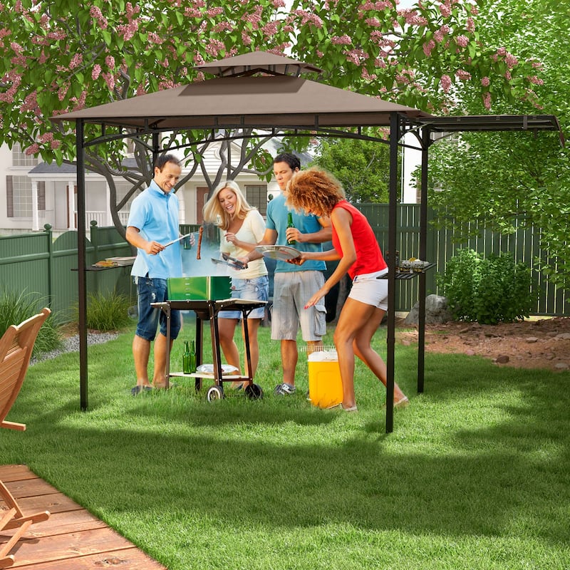 11 x 5 Feet Outdoor BBQ Shelter with Vented Canopy and Side Awning Hanging Hooks and Metal Frame Base - Brown-Black