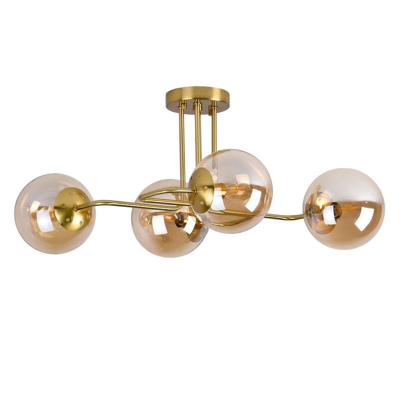 Mid - Century Modern 4 - Light Chandelier, Brass Frame with Amber - Tinted Glass Globes