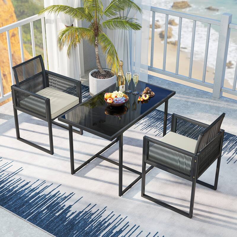 Gymax 3PCS Patio PE Wicker Furniture Set Cushioned Chairs w/Folding