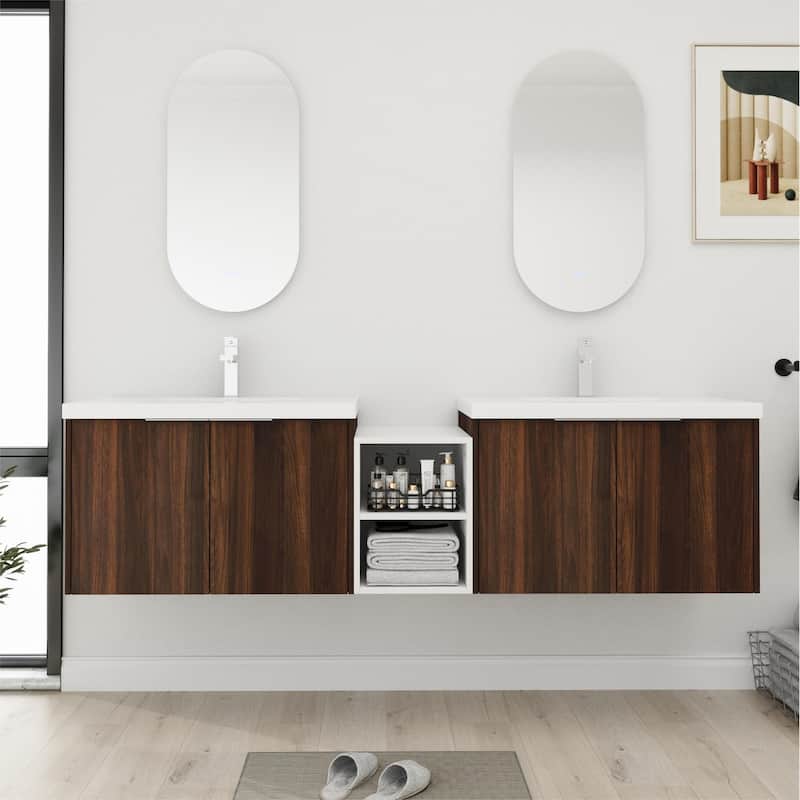 Bathroom Vanity With Sink In 24/36/48/60/72/84 Inch, Floating Bathroom Vanity With Soft Close Door and Shelf - 71.1''W - CaliforniaWalnut