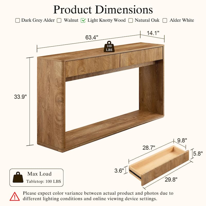 63" Modern Fluted 2 Drawers Entryway Table, Console Table, Sofa Table