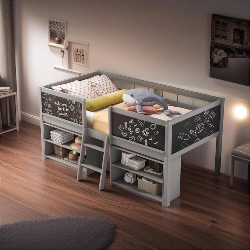 Twin Size Low Loft Bed with Two Movable Shelves and Ladder - Grey