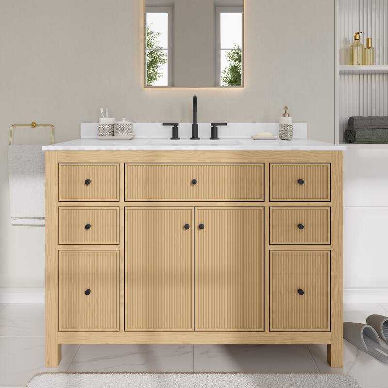 Wyndham Collection WCF9292-48S-QTZ-US3MXX Pendry 48" Free Standing - Tanned Oak / White Quartz Top / Matte Black