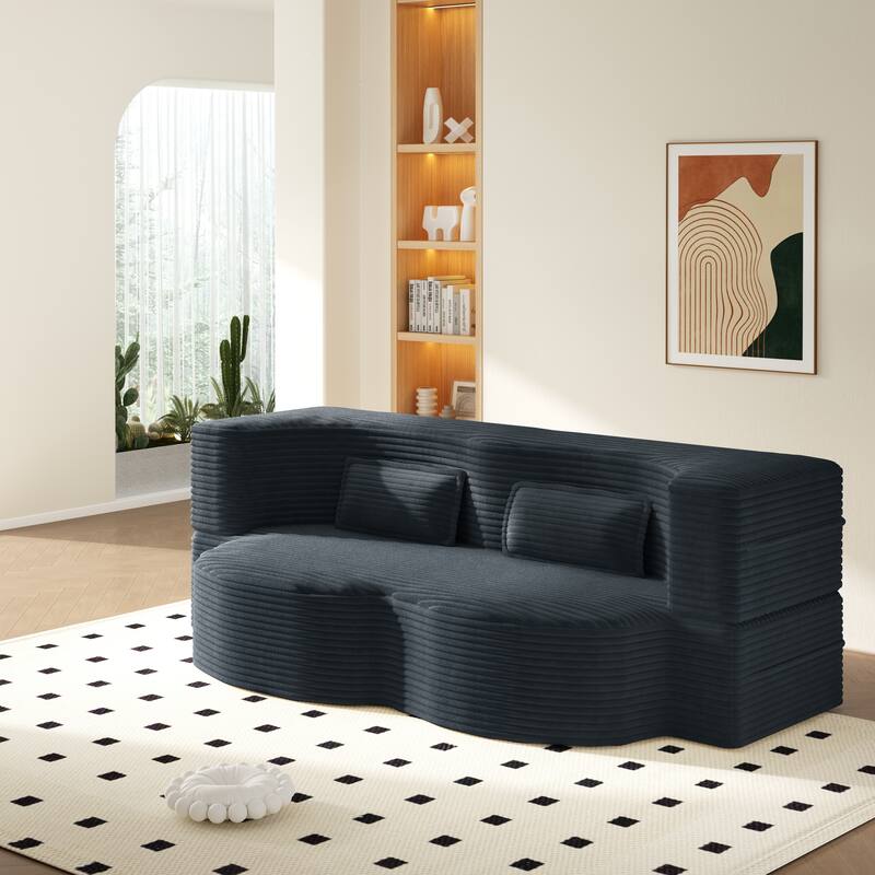 Convertible Floor Sofa with Corduroy Fabric, Twin Mattress & No Assembly
