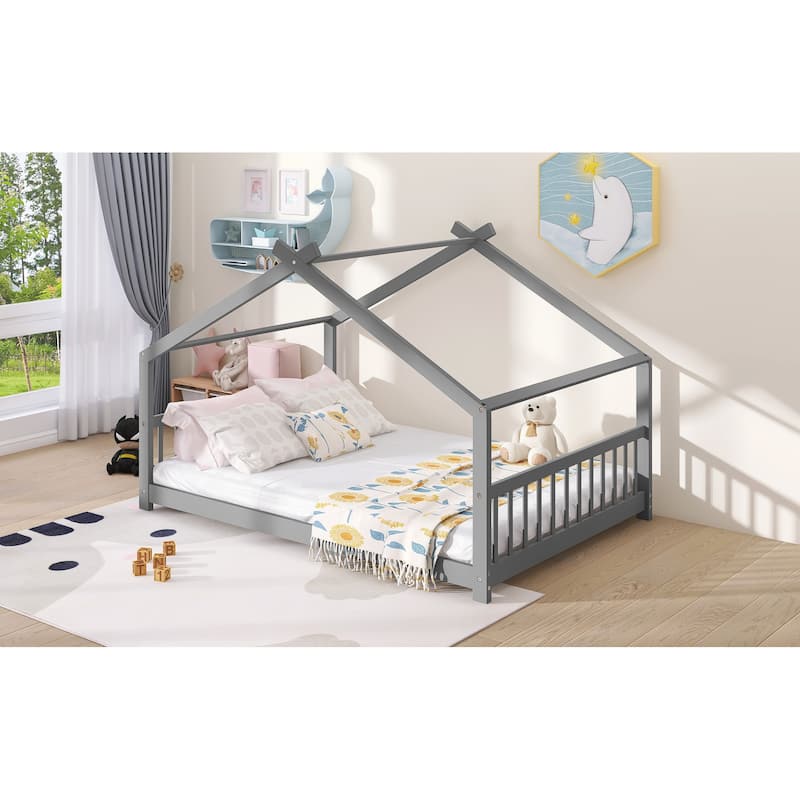 Full Pine House Platform Bed with Headboard & Footboard