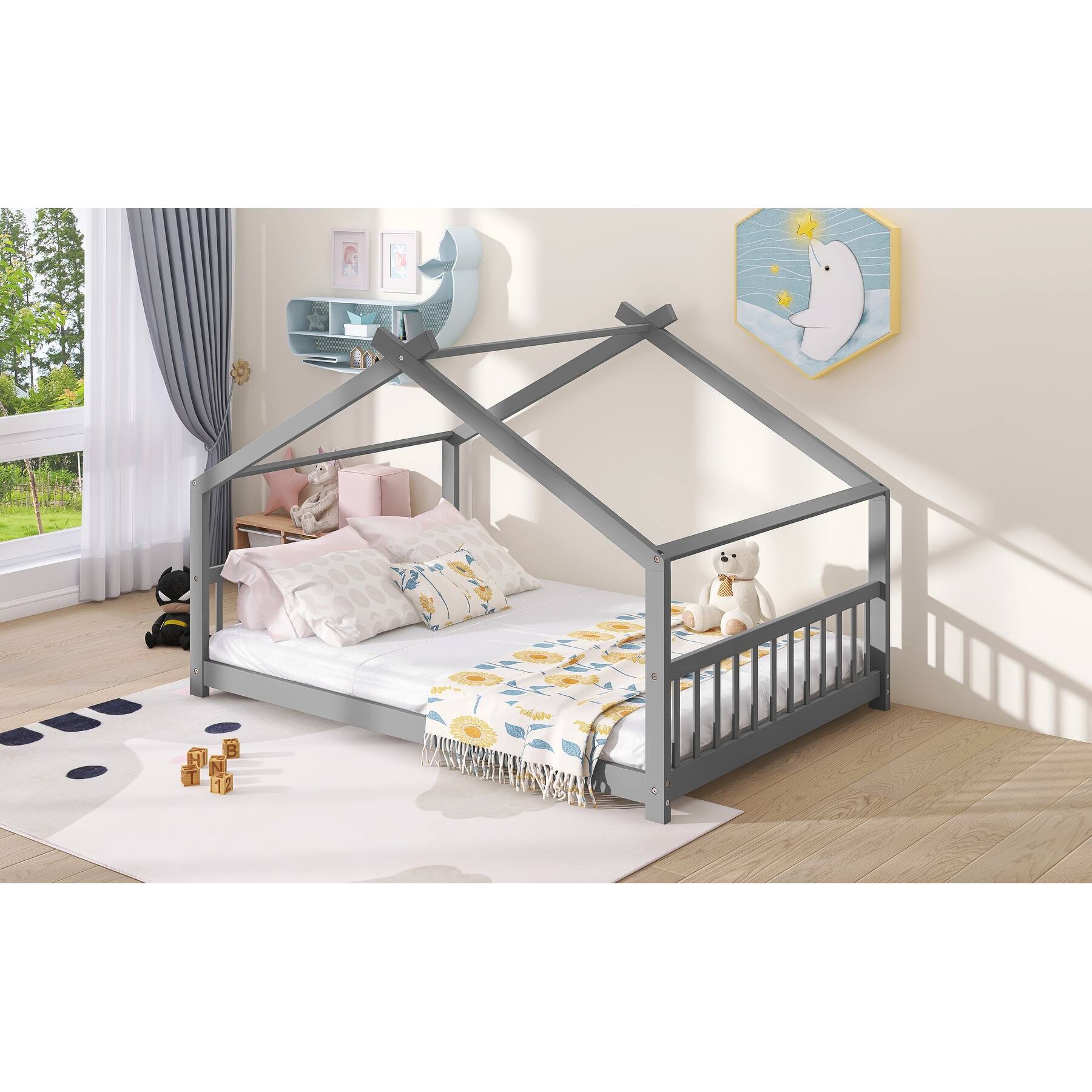 Gray House Bed with Roof with Playhouse Design, SemiEnclosed Sleeping
