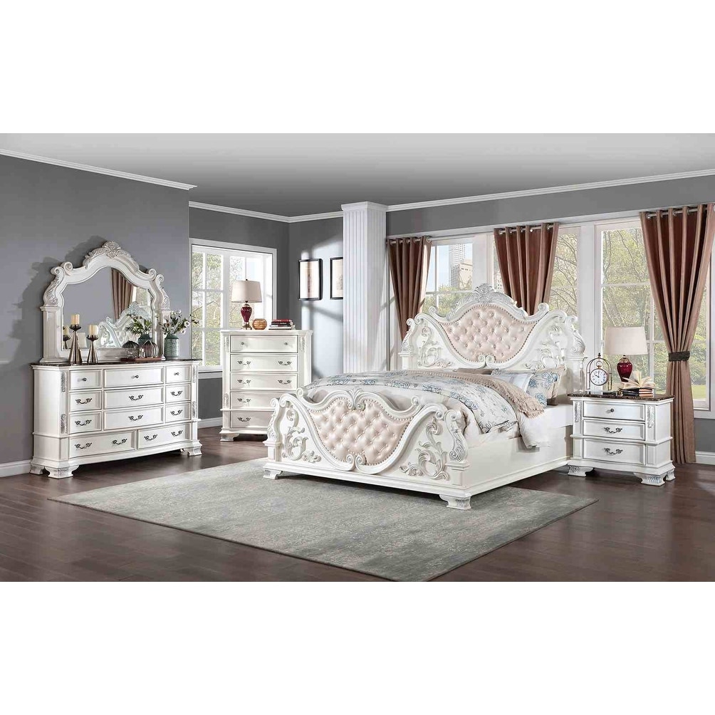 Pearl White Finish Traditional Bedroom Set Bed Nightstand Dresser Mirror Chest