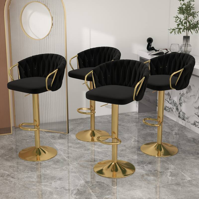 Set of 4 Bar Stool Adjustable Height Swivel Velvet Woven - Black