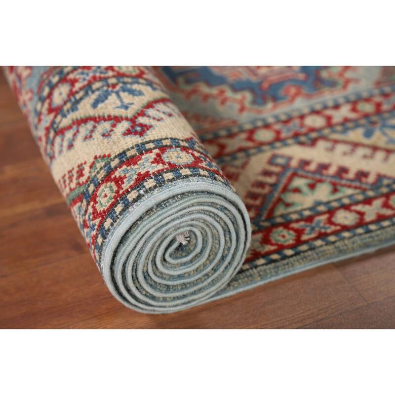 Geometric Kazak Oriental Runner Rug Hand-Knotted Wool Carpet - 2'8" x 12'2"