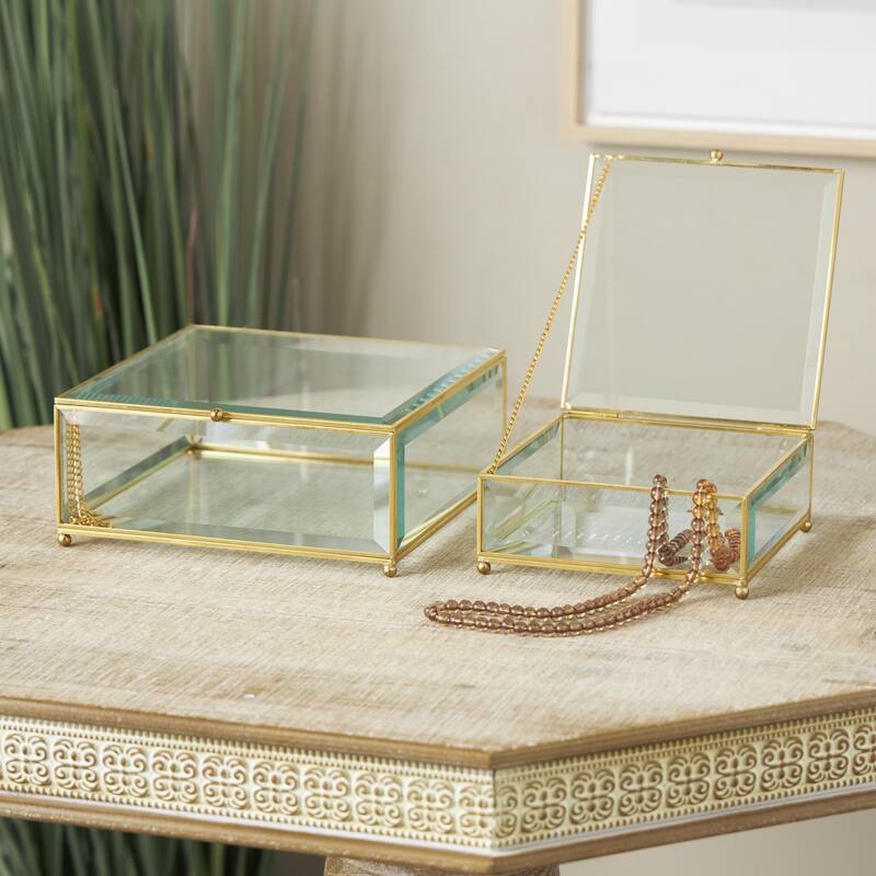 Glass Beveled Decorative Jewelry Box with Gold Metal Frame and Chain Accent - Set of 2 Clear - Roche River Decor