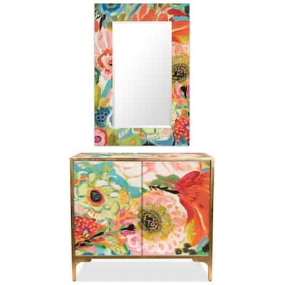 "Secret Garden Floral" Reverse Printed Beveled Art Glass Cabinet Console Table and Mirror Set