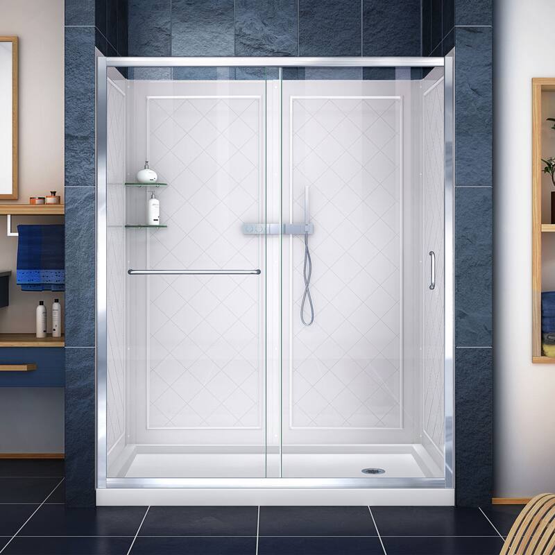 DreamLine Infinity-Z 30 in. D x 60 in. W x 76 3/4 in. H Sliding Shower Door, Shower Base and Backwall Kit - Chrome Finish Clear Glass Right Drain