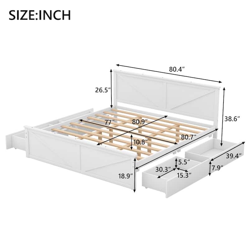 Wooden Platform Bed with Four Storage Drawers