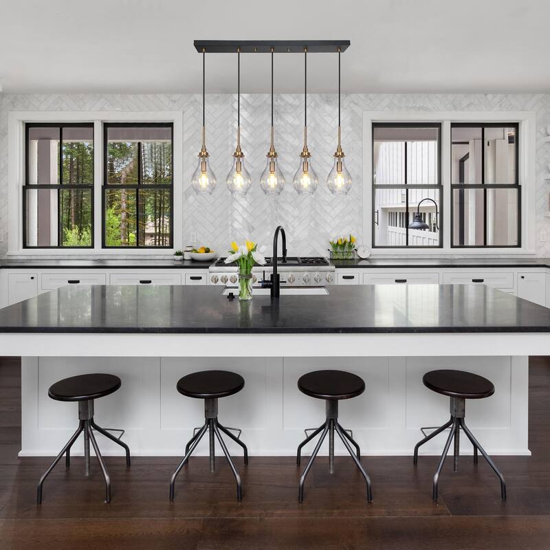Synia Mid-century Modern Black Gold Linear Chandelier 5-Light Bar Cluster Kitchen Island Light Dining Room