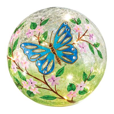 Blue Butterfly LED Lighted Crackled Glass Ball - 8.250 x 8.250 x 8.000
