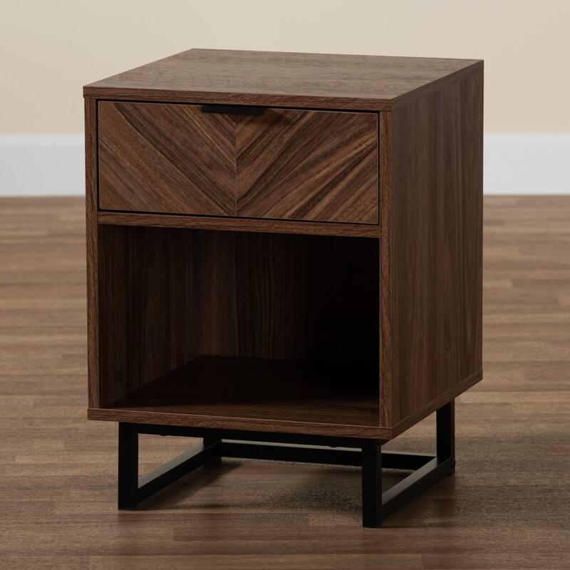 Sadia Modern Walnut Brown Finished Wood and Black Metal 1-Drawer End Table