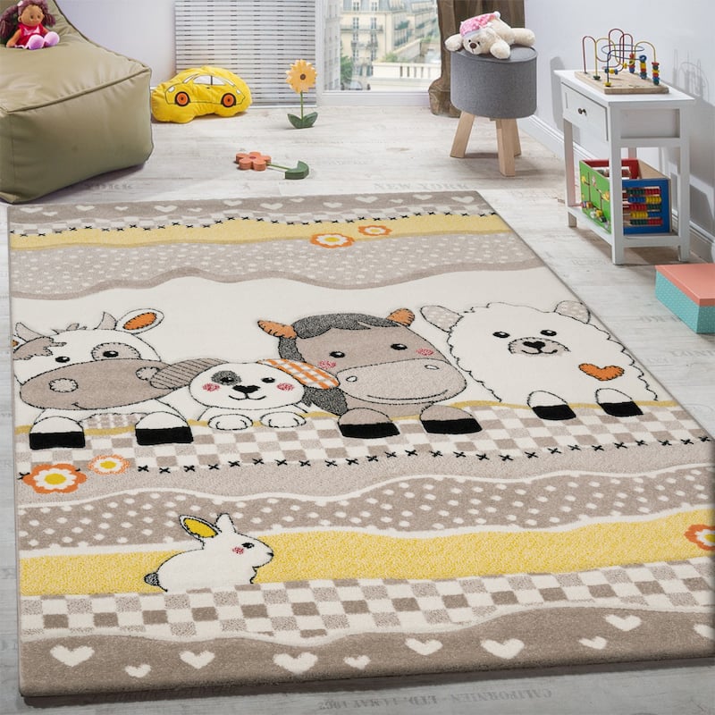 Kids Rug Patchwork Look Charming Farm Animals in Beige Cream