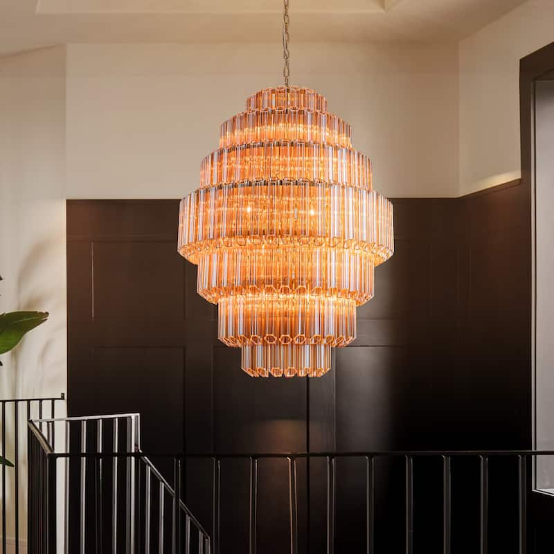 20-Light Mid-Century Modern Gold Chandelier 4-Tiered Amber Glass Large Traditional Ceiling Light for Dining Room